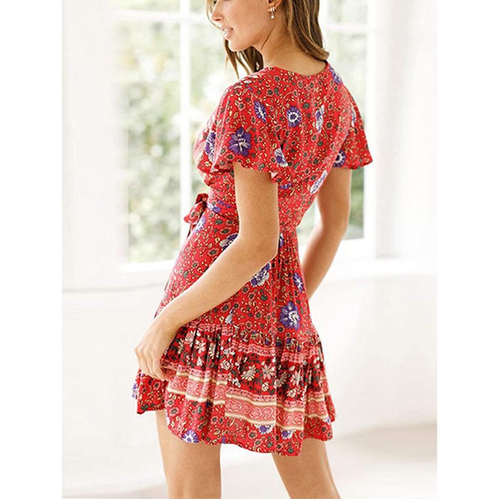 V-neck Sexy Tight-fitting Ruffle Dress Bohemian Style Small Fresh Print Dress