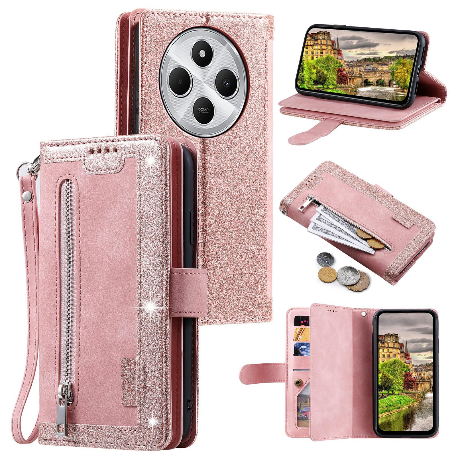 

For Xiaomi Poco C75 4G/Redmi 14R 5G/14C 4G Case Zipper Pocket PU Leather Phone Cover with 9 Card Slots Rose Gold