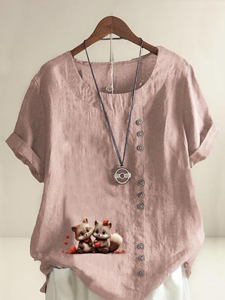Women s Fashion Couple Bear Print Round Neck Short Sleeve T-shirt Summer Casual Cotton Linen Graphic Shirt Leisure Loose Blouse Tops S розовый