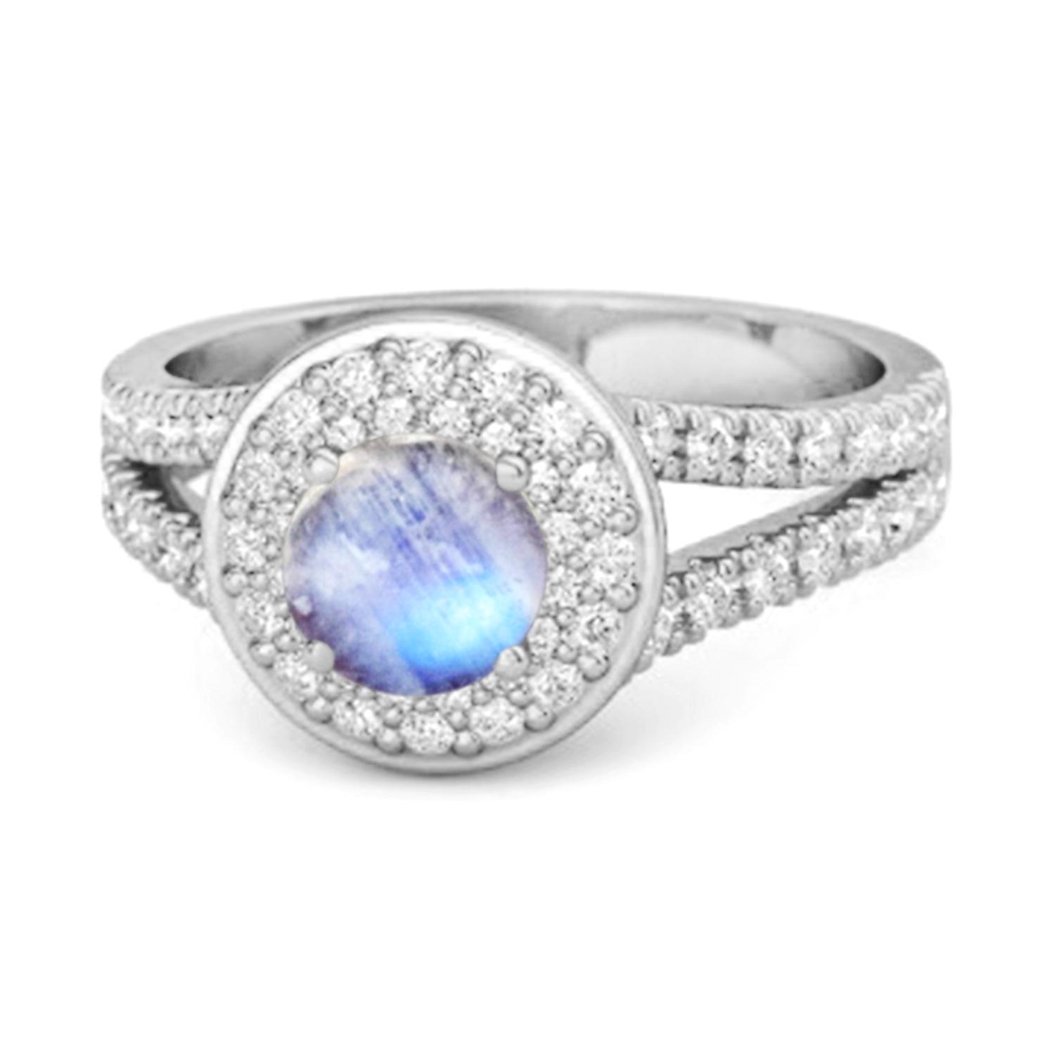 Moonstone Double Halo Accents Ring- 925 Sterling Silver 6.5