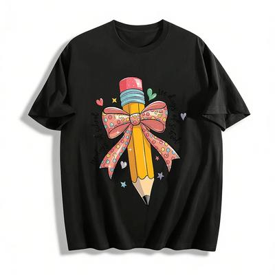 100 Days Of School Bow Pencil Print Cute Kids Top Pure Cotton T-shirt