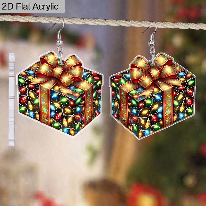 2D Flat Christmas Ribbon Box Dangle Earrings, Lightweight Acrylic Material,Ideal for Party Gifts, Jewelry, and Christmas Gifts.