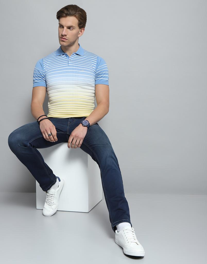 MONTE CARLO Herren Gestreiftes Blaues Kragenhals Halbarm T-Shirt