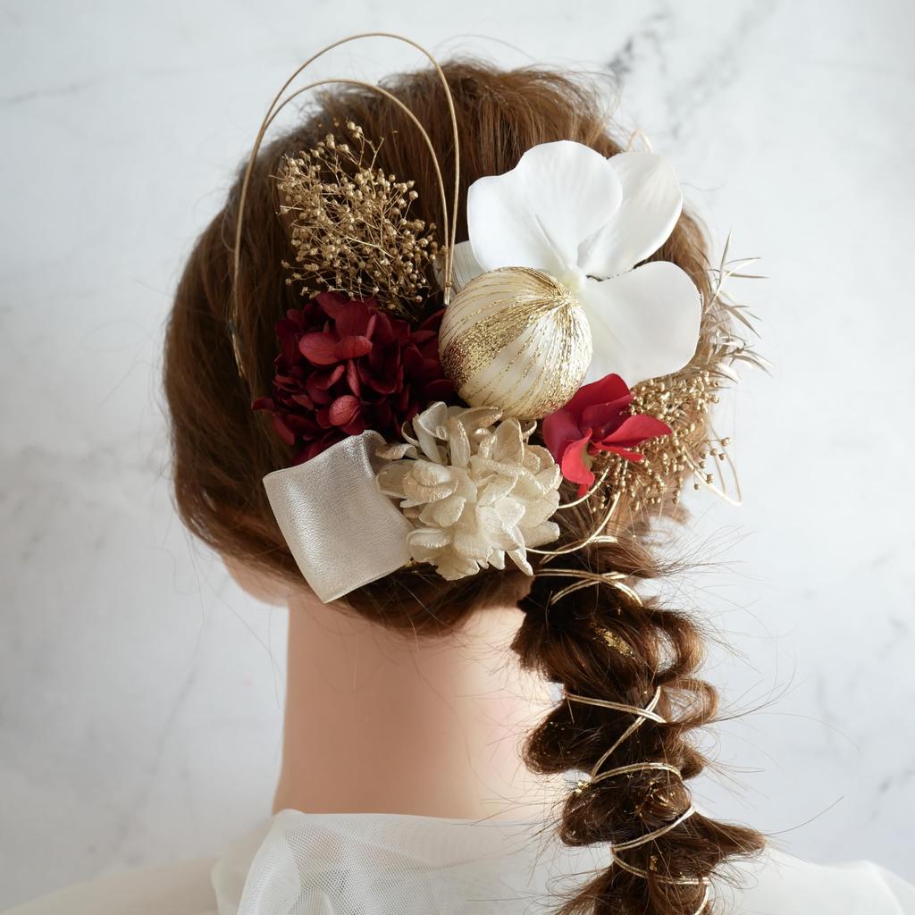 Dried and Preserved Flower Hair Ornament with Gold Japanese and Phalaenopsis Orchid Mizuhiki for and Japanese [Bria] Leaf, Balls, (red) Coming-of-age
