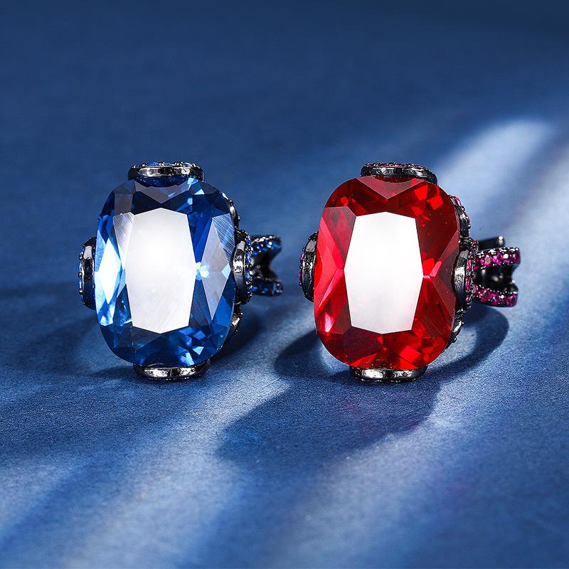 Jewelry Copper Bottom Gold-Plated Simulation Corundum Fat Rectangular Light Luxury Black Gold Finger Female 15 * 20