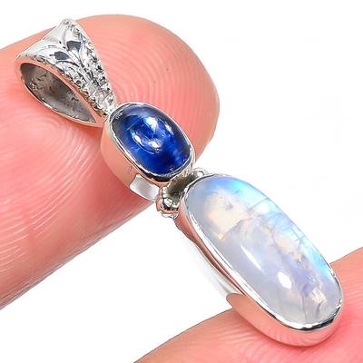 Natural Rainbow Moonstone, Kyanite 925 Solid Sterling Silver Pendant 1.26" V7j29
