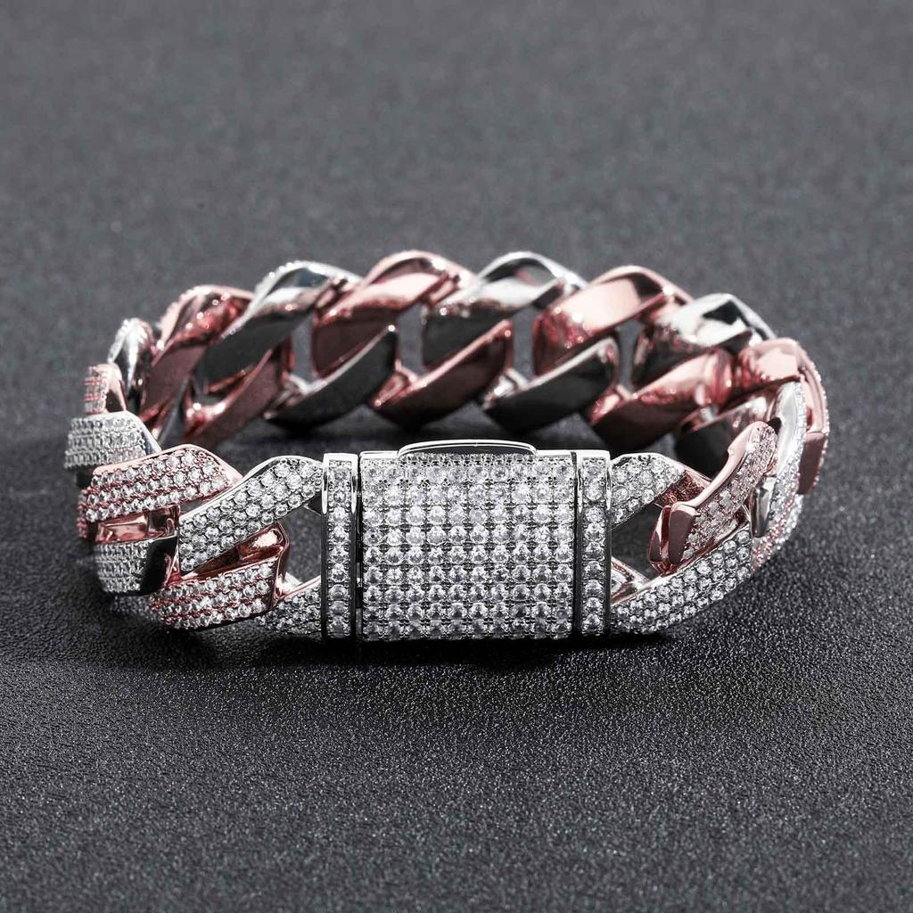 BES Hip Hop Jewelry 20mm Heavy Chunky Miami Cuban Link Chain Bracelet Iced Out CZ Two Tone Prong Cuban Link Bracelet for Men