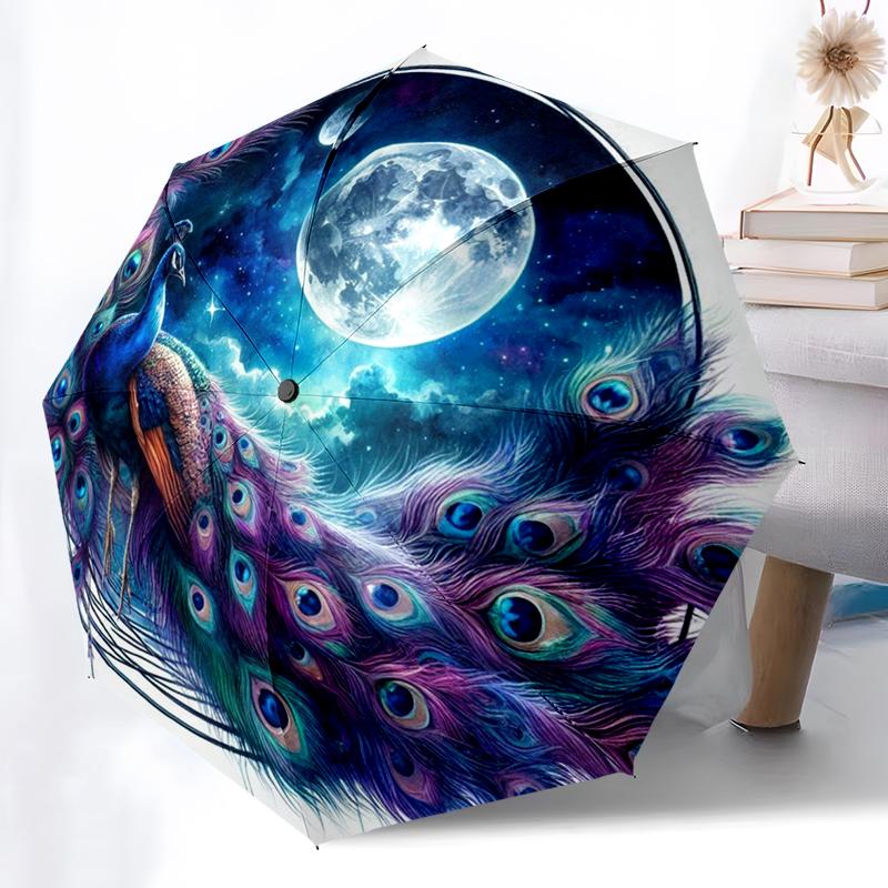 1pc Peacock, feathers pattern Umbrella Portable Folding Umbrella Iron Frame Hole Bone Structure Outdoor Home Umbrella