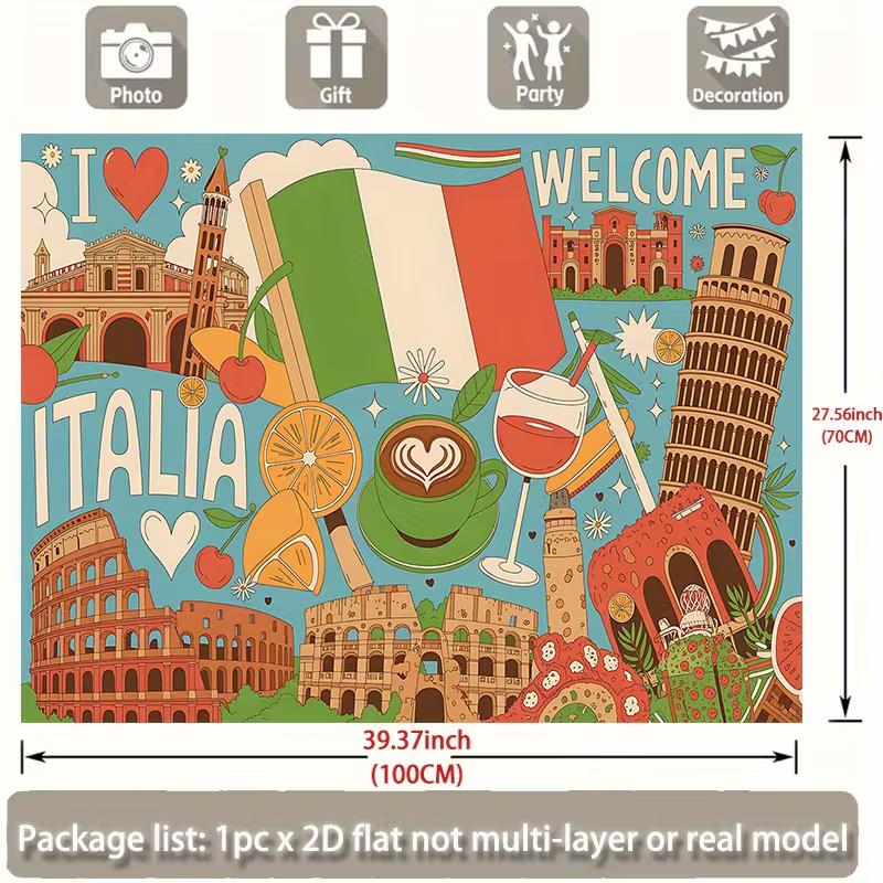 2D I Love Italia Photography Backdrop, Italy Flag, Coffee, Wine and Landmarks Background