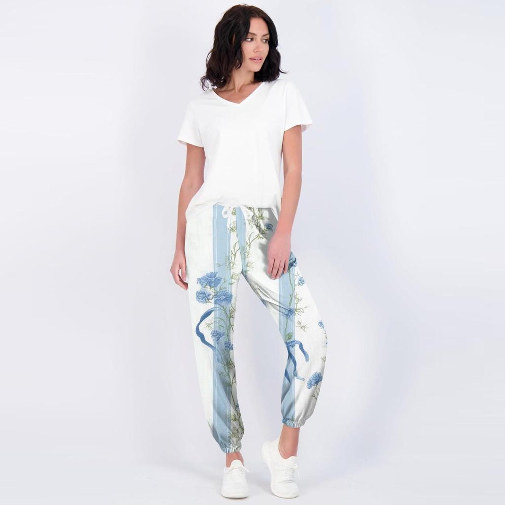 Women's Floral Print Casual Jogger Sweatpants with Elastic Drawstring Waist and Tapered Leg