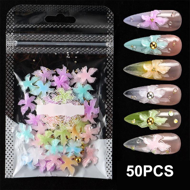 

50/100 шт. Смешанные шармы для нейл-арта в виде цветка лилии и стального шарика, 3D украшения для ногтей, материал из мягкой смолы, аксессуары для DIY маникюра