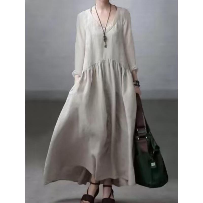 

New Fashion V-neck Women s Casual A-line Dress Large Size Solid Color Loose Long Dress Summer Simple Pleated Elegant Party Dresses Clothing S абрикосовый