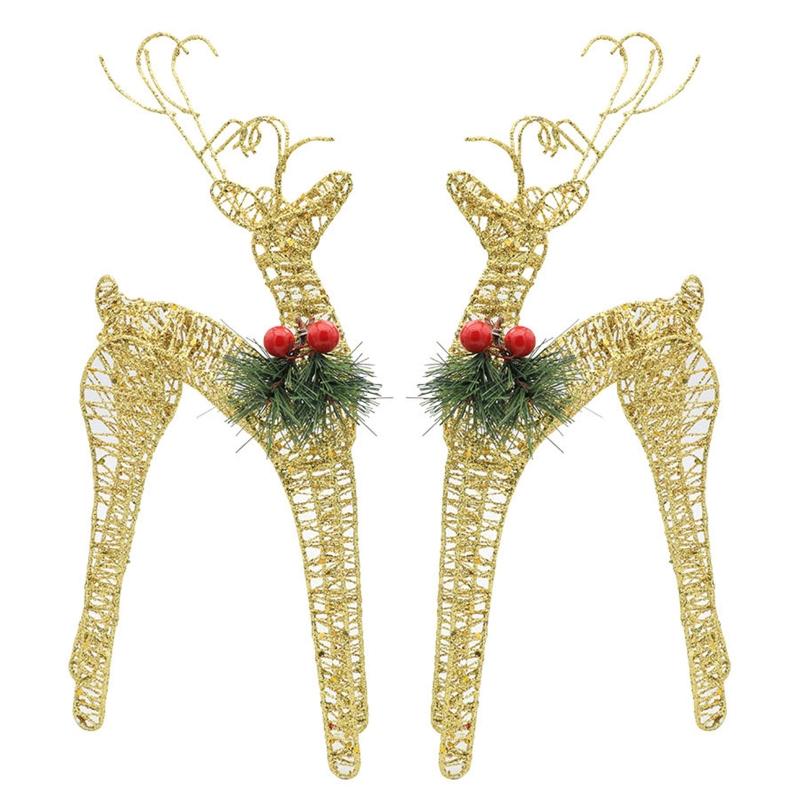 Christmas Wrought Iron Elk Ornament 1 Pair Red Berry Pine Needles Glitter Sequins for Home Decor Bedroom Living Room Decor