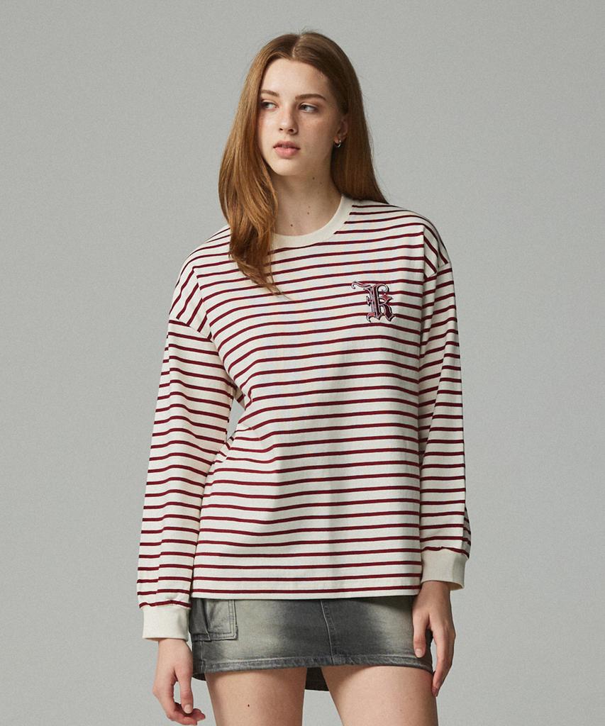 KITTY POTTERY Simple Logo Embroidered Striped T-Shirt Ivory & Wine