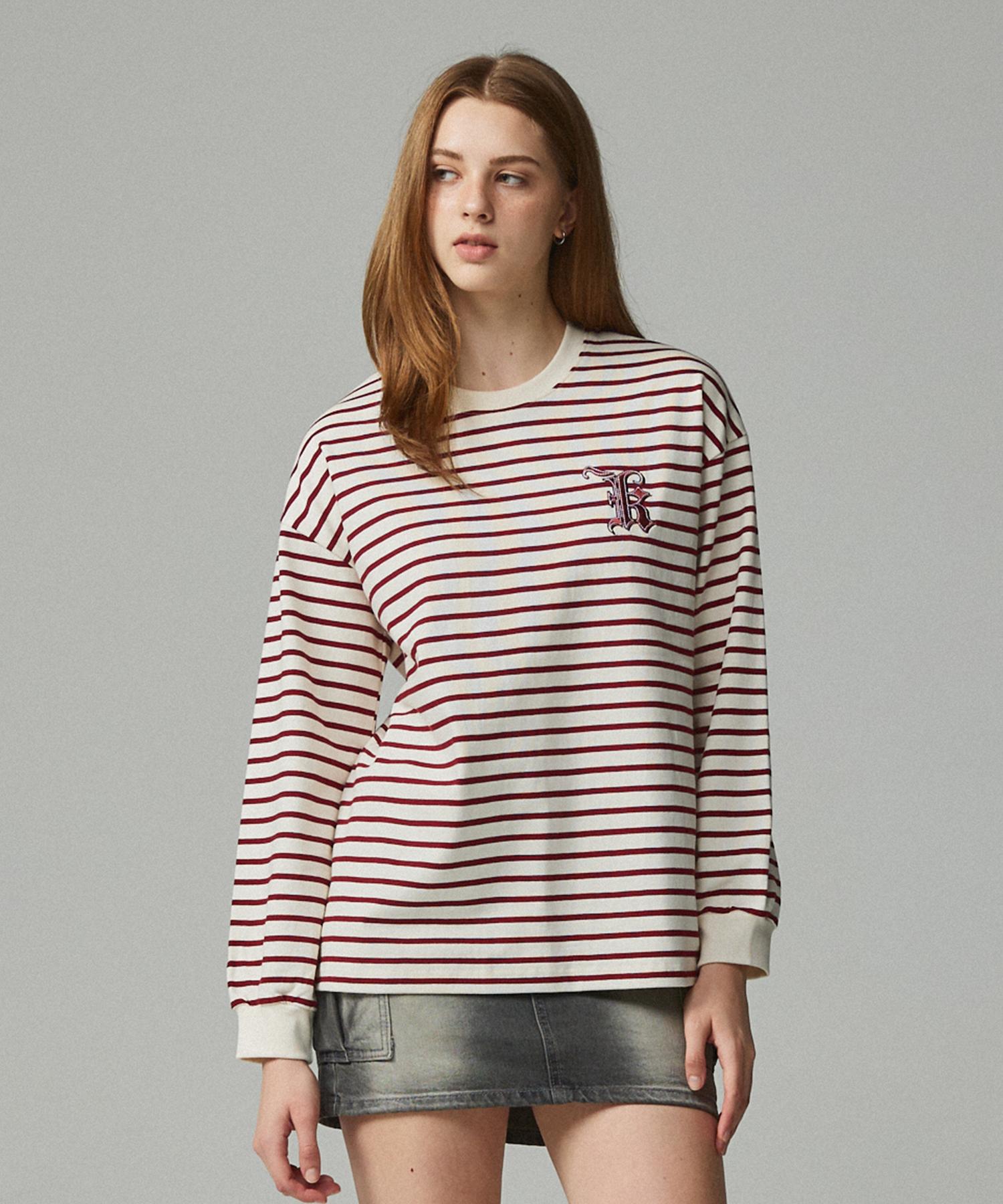 Kitty Pottery Simple Logo Embroidered Striped T-Shirt Ivory & Wine Ivory & Black / Free
