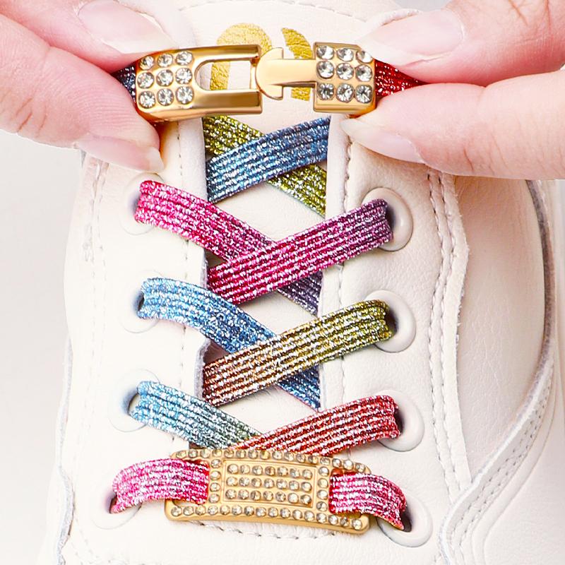 

Glitter Elastic Laces Sneakers Tennis No Tie Shoe laces Luxury Gold Diamond buckle Shoelaces without ties Flat Shoelace for Shoe світло-синій колір