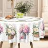 Round Dining Table Cloth, Pink Flower Basket Vase Waterproof And Oil-Proof Leave-In Tablecloth, Household Dining Table Cloth