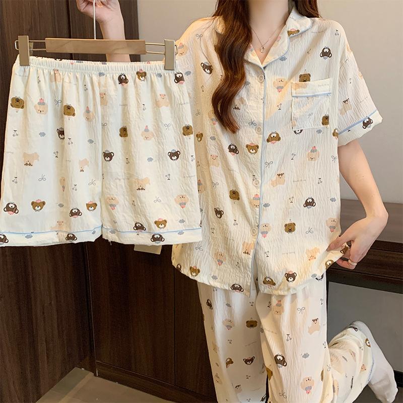 Bear Paradise Pajamas Women'S Spring Summer Cloud Cotton Short Sleeve Three-Piece Cartoon Cute Girly Loungewear