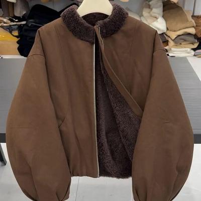 Elegant Coffee-Colored Lamb Wool Stand-Collar Parka for Petite Women - Winter Short Style Jacket