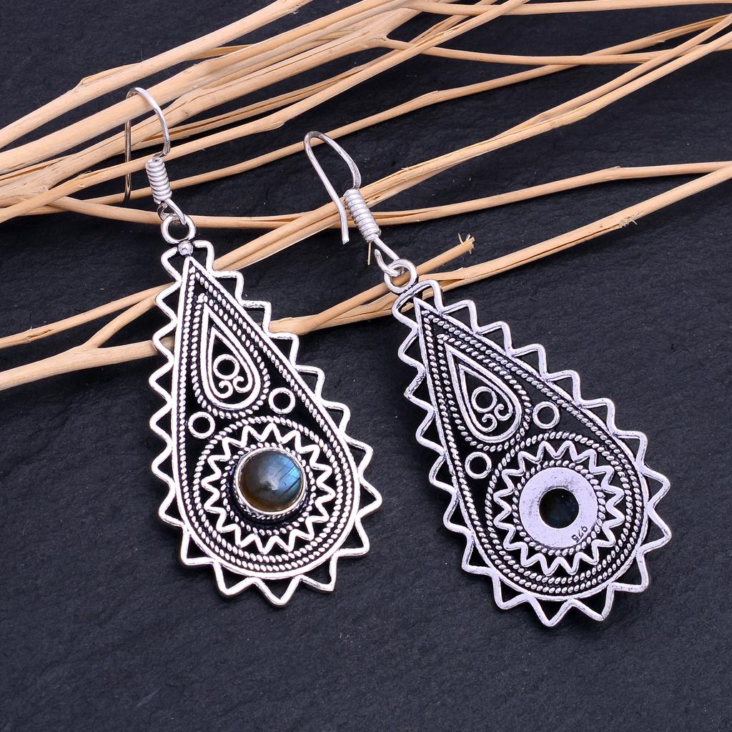 Natural Labradorite Gemstone Handmade 925 Sterling Silver Earring 2.30" N0j52