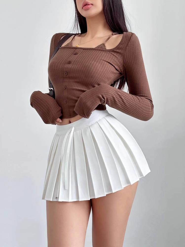 Šedá skládaná sukně Dámské Šněrovací Léto Preppy Styl Nízký pas Y2K Mini Krátké sukně Culottes Bílé