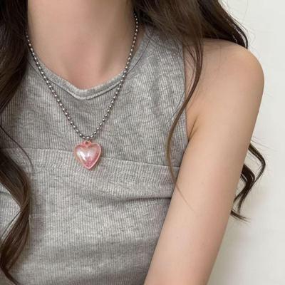 Reina Iridescent Bubble Heart Necklace - Korean Niche Cute Beaded Titanium Steel Clavicle Chain for Women (Spring/Summer)