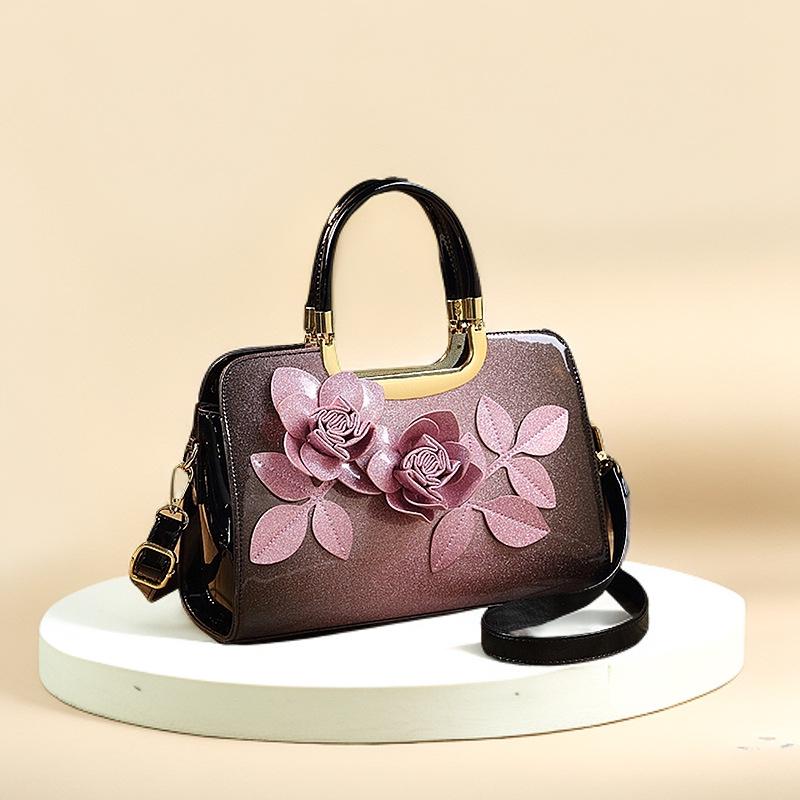 Gradient Color 3D Applique Glossy Patent Leather Shoulder Tote Crossbody Bag