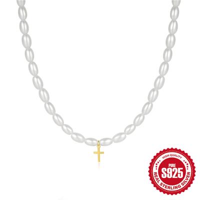 S925 Sterling Silver French Small Rice Pearl Choker Glossy Cross Ladies Necklace Pearl Necklace