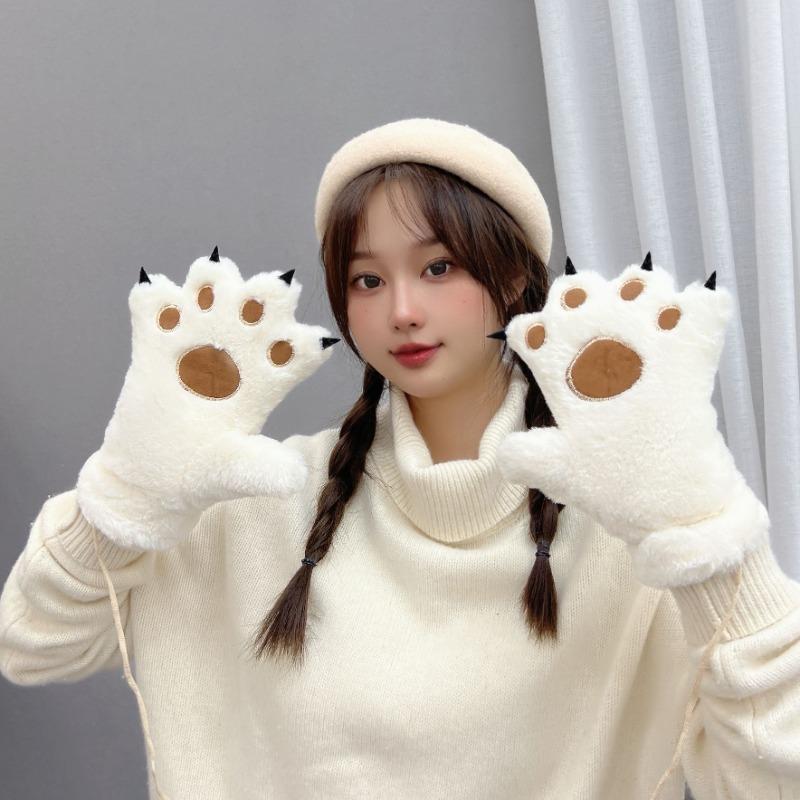 Cute Cartoon Bear Claw Plush Gloves Women's Winter Warm Plush Thickened Outdoor Riding Full Finger Cat Claw Gloves