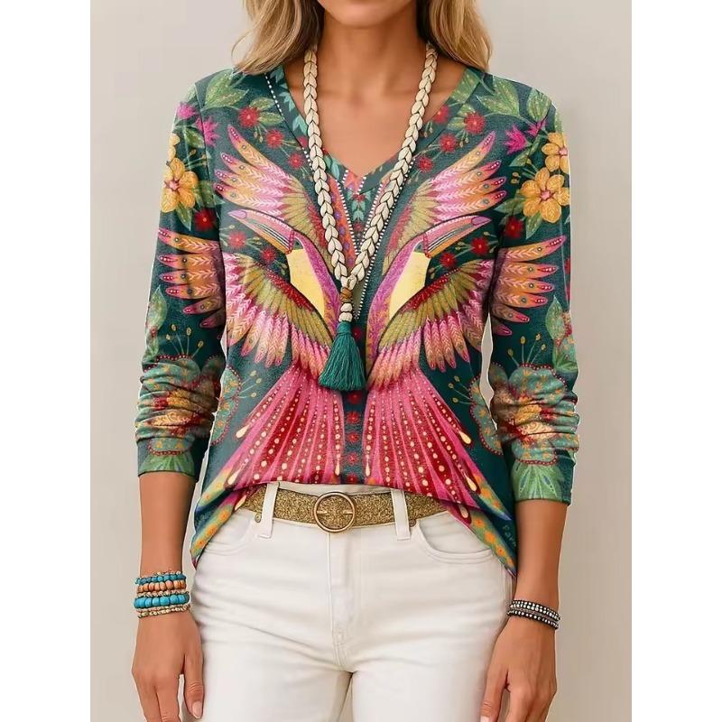 Women's T-Shirt 3D Print Ethnic Graphic Feather Elegant Fashion Tees Long Sleeve T-shirts V-Neck Regular Tops Pullover Fall Winter