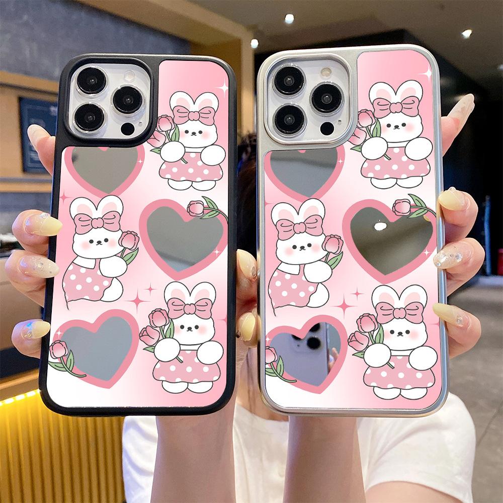 Summer with Mirror Mobile Phone Case Apple 17promax15 Pink Rabbit Love Makeup Mirror iPhone12 Electroplating Advanced