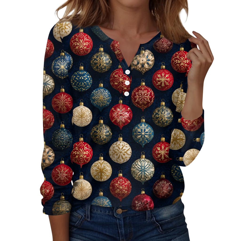 Women's Fashion Casual H Printed V-Neck Long Sleeve Decorative Button T-Shirt Tops