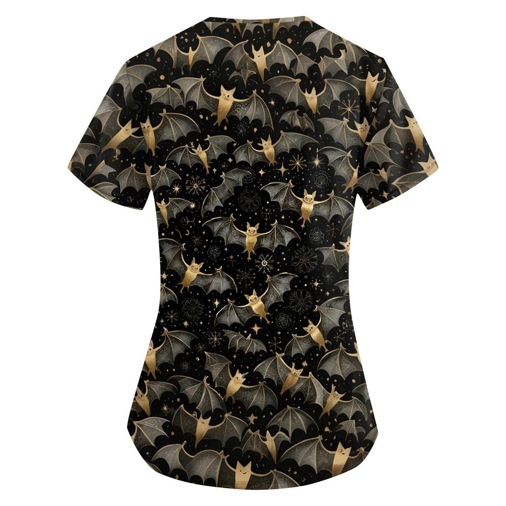 Women's Printing Uniform Work Uniform V-neck Pockets Basic Short Sleeve Pullover Top