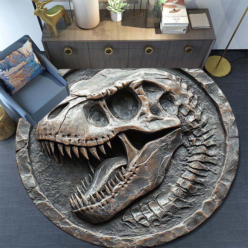 Dinosaur Skull Round Area Rug,Carpet Rug for Living Room Bedroom Sofa Playroom Decor,Non-slip Floor Mat