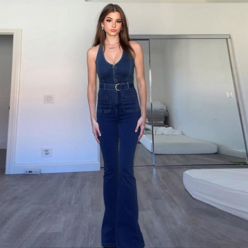 Women's Sleeveless Hanging Neck Denim Jumpsuit Summer New Outfit Slim Fit Denim Pants New Fashion Style Lady Strapless Sleeveless Blue Jumpsuits