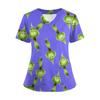 Women's Short Sleeved Christmas Printed V-neck Buttonable Side Slit Top T-shirt