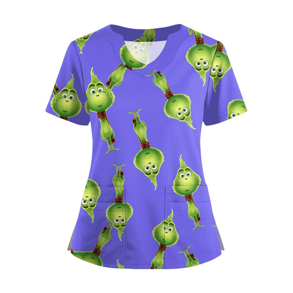 Women's Short Sleeved Christmas Printed V-neck Buttonable Side Slit Top T-shirt