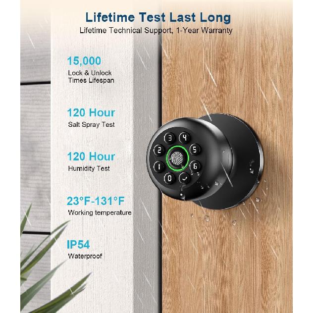Fingerprint Door Lock, Smart Fingerprint Door Knob with Keypad, Biometric Door knobs with App Control, Auto Lock Door Lock with Code, Keyless Door