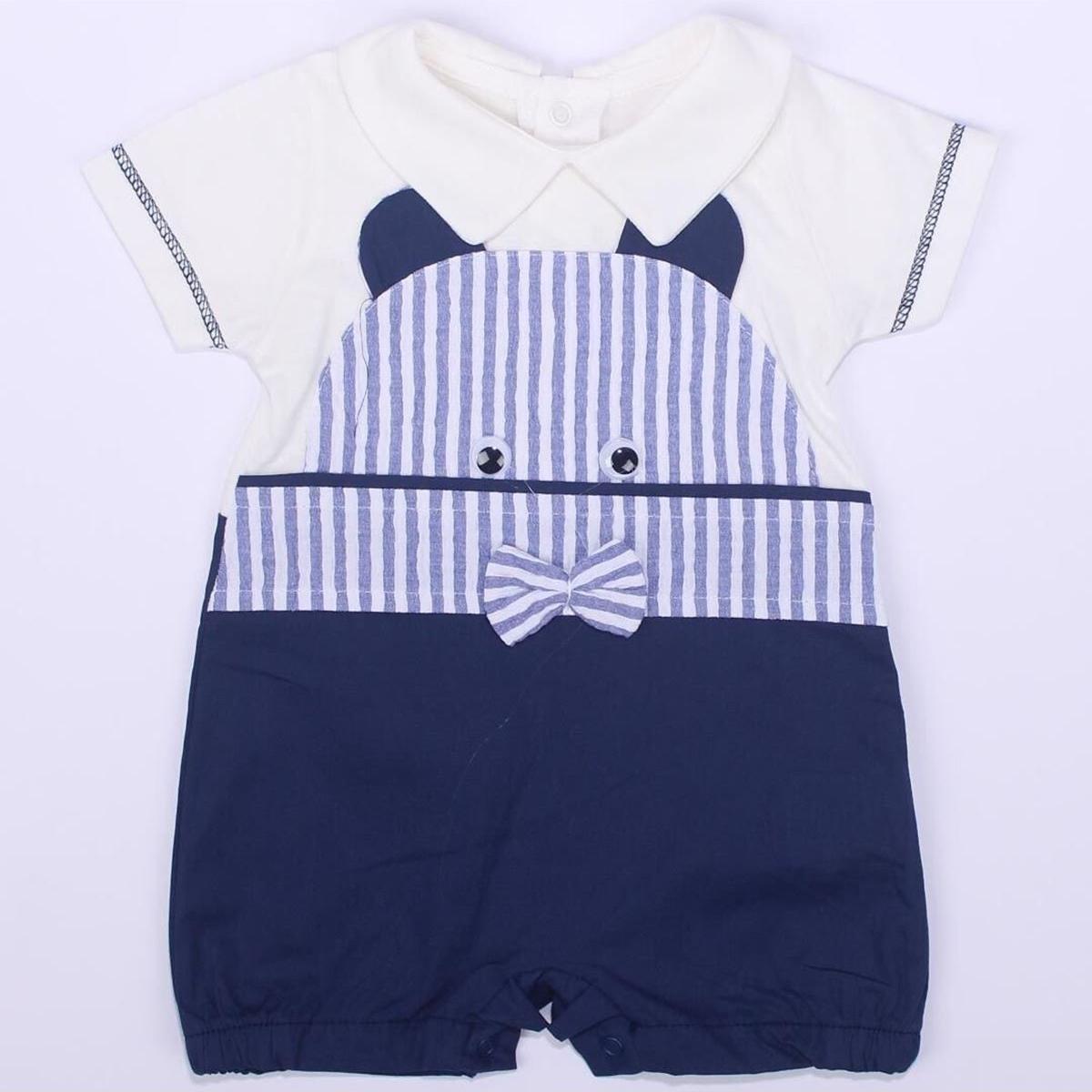 

Короткий комбинезон с выпученными глазами для мальчика цвета экрю темно-синего цвета