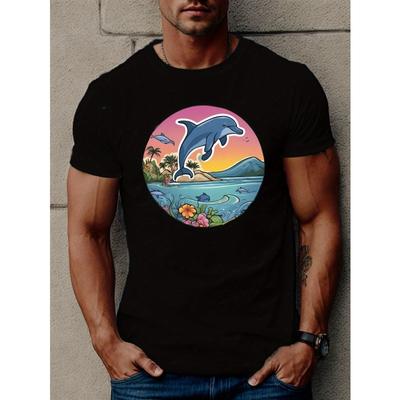 Camiseta com Estampa de Golfinho Saltando, Tamanho Europeu, Camisetas Para Homens, Camiseta Casual de Manga Curta Para o Verão