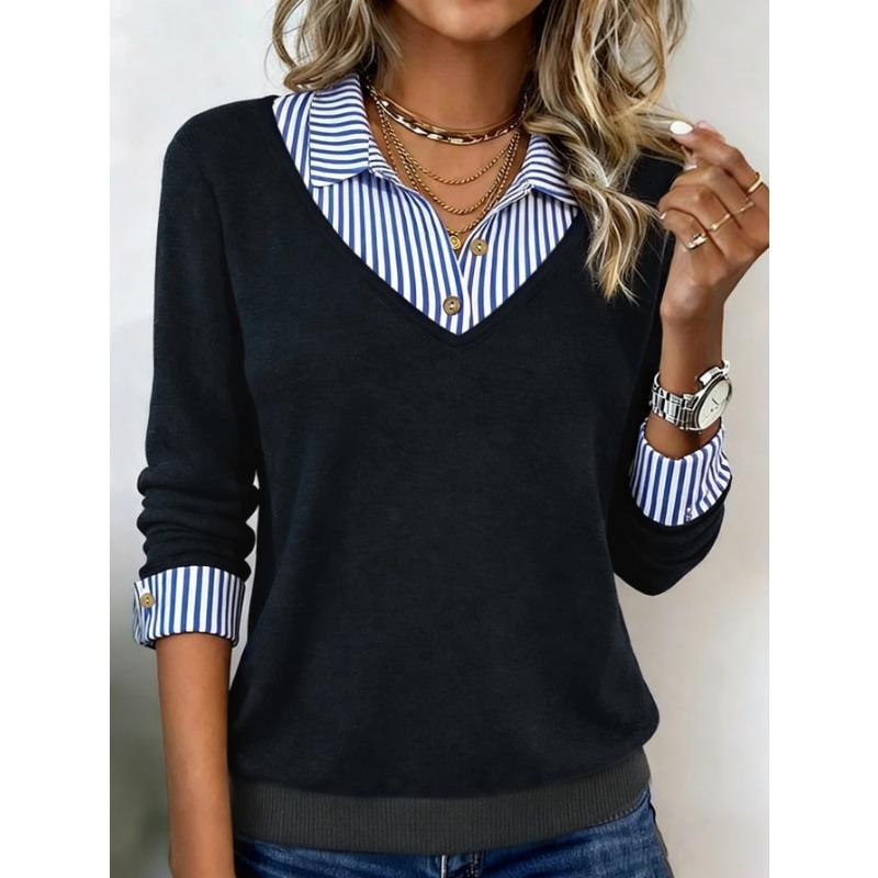 Damen S Langarm V-Ausschnitt Gestreiftes Patchwork T-Shirt Stricktop Freizeitkleidung
