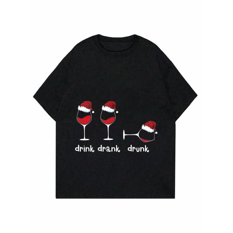 Vánoční tričko se sklenicí na víno Černé Pít Pil Opilý Design se Santa kloboukem Dámský Ležérní Sváteční Párty Top