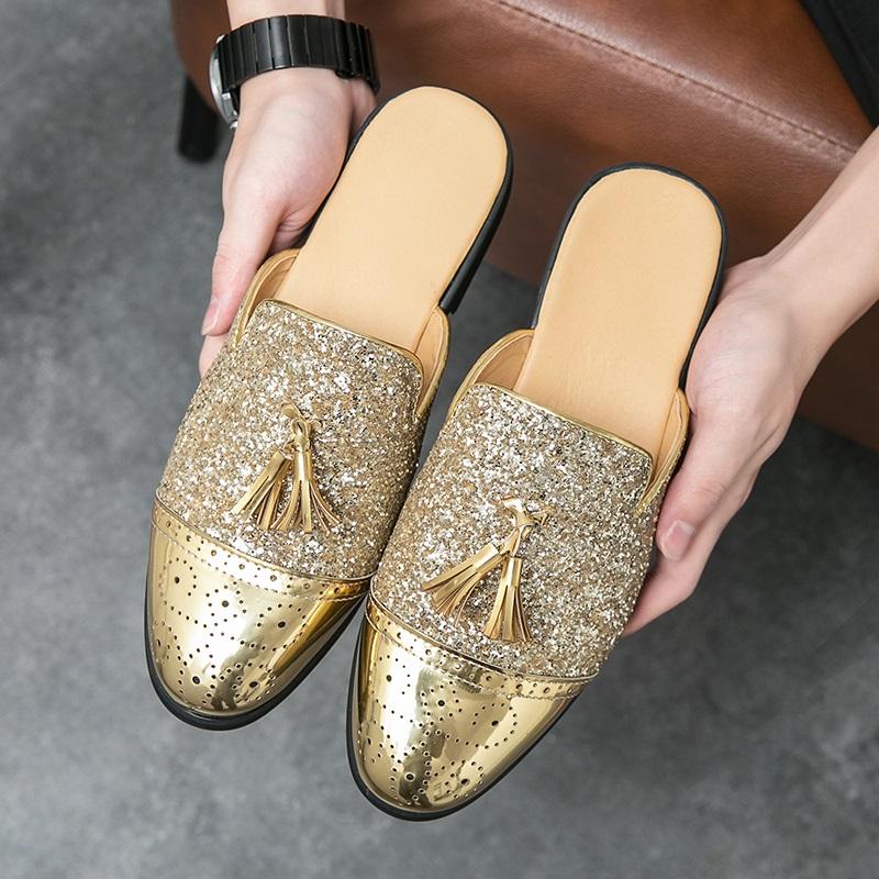 New Men Gold Black Half Slippers Driving Shoes Male Sequin Tassels Casual Mules Moccasins Breathable Loafers Zapatos Hombre