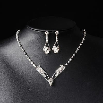 Stylish Full Diamond Water Drop Necklace Earrings Set, Classic Bridal Jewelry Two-piece Set