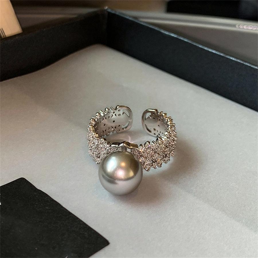 Wide version full of zirconium pearl open ring, exquisite index finger ring, versatile ring.