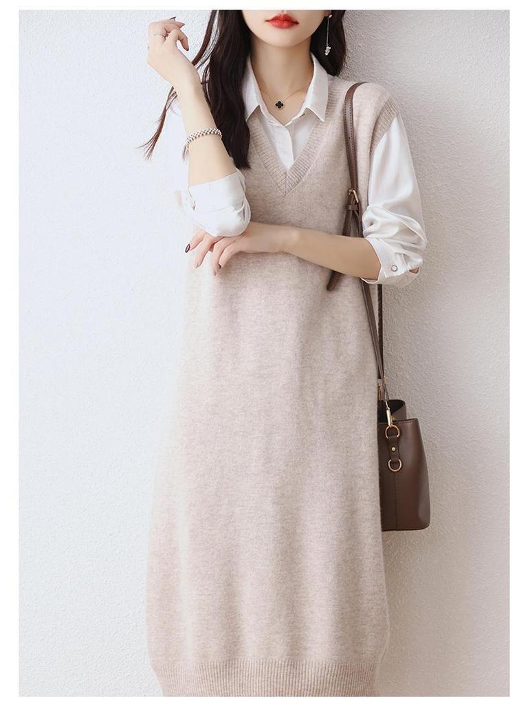Women's 100% Wool V-Neck Sleeveless Knitted Vest Dress - Long Cardigan Style