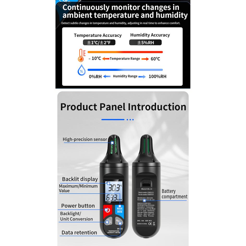 Handheld Temperature Humidity Meter High Accuracy Display Screen Backlight Data Hold Function Wide Range of Use for