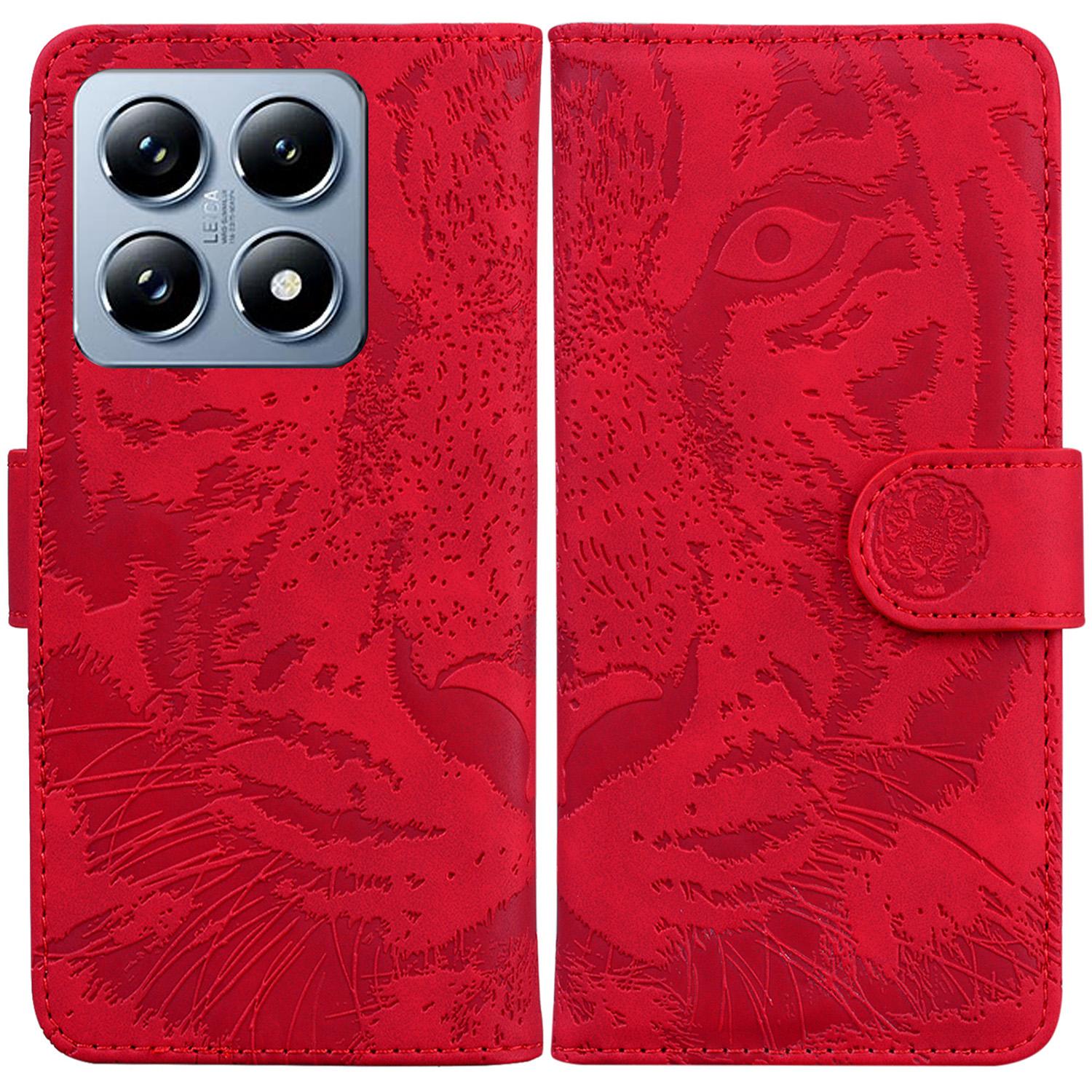 

For Xiaomi 14T Case Tiger Imprint Leather Wallet Phone Cover Red