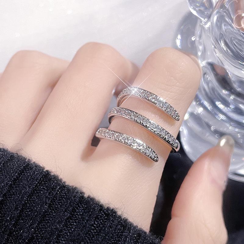 Premium Sense Row Diamond Petal Opening Ring Full Diamond Shiny Exquisite Zircon Light Luxury Personality Ring Woman
