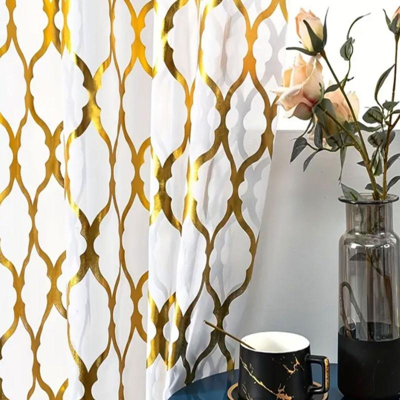 Geometric Gold Foil Sheer Curtains – Set of 2 Panels, Semi-Blackout, Light Filtering Window Curtains